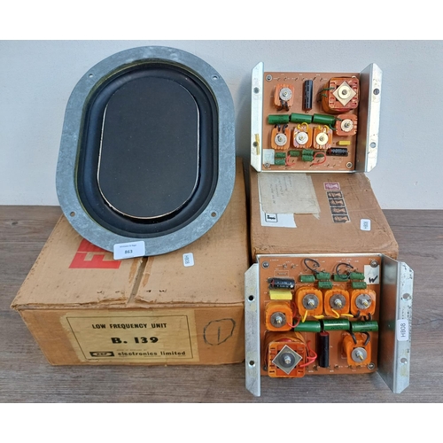 863 - Two boxed audio items, one KEF B.139 low frequency speaker and two Radford speaker component boards