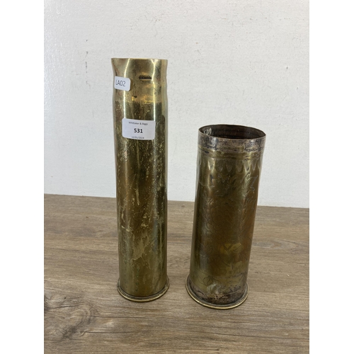 531 - Two WWI Trench Art engraved brass shell cases with oriental designs