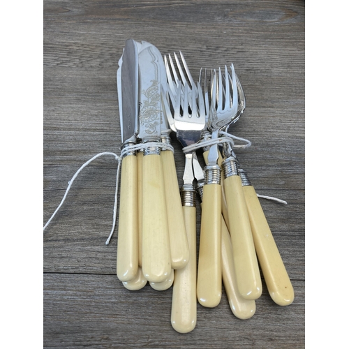 544 - A collection of metalware to include AM & Co EPNS twelve piece fish knife and fork set with hallmark... 