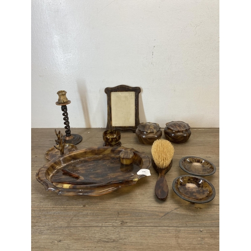 550 - Three vintage dressing table sets, one faux tortoiseshell featuring two hallmarked Birmingham silver... 