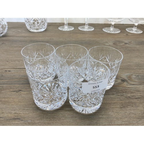 553 - Eleven pieces of glassware, five Webb Corbett whisky tumblers, two Edinburgh Crystal Thistle pattern... 