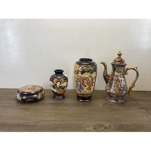 554 - Four pieces of Oriental ceramics, one Chinese coffee pot - approx. 31cm high, one Satsuma circular l... 