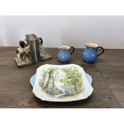 559 - A collection of ceramics and chalkware to include six pieces of Wedgwood pale blue Jasperware, three... 