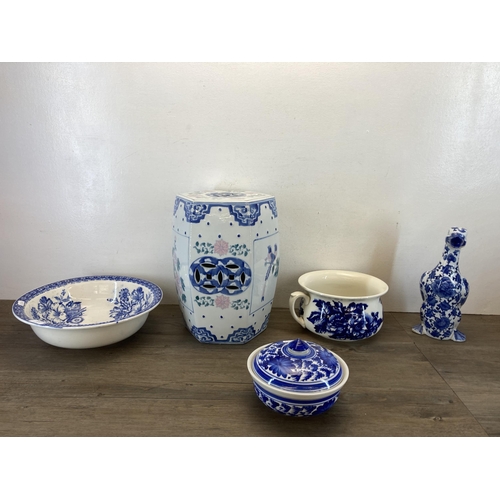 573 - Five pieces of blue and white china to include Price Kensington water jug, Oriental hexagonal garden... 