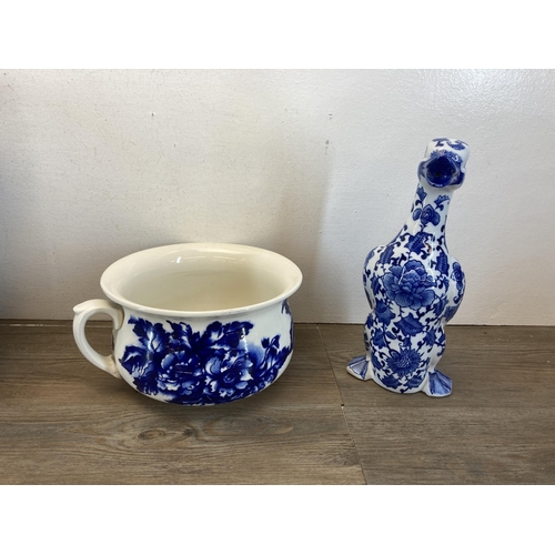 573 - Five pieces of blue and white china to include Price Kensington water jug, Oriental hexagonal garden... 