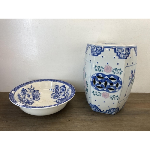 573 - Five pieces of blue and white china to include Price Kensington water jug, Oriental hexagonal garden... 