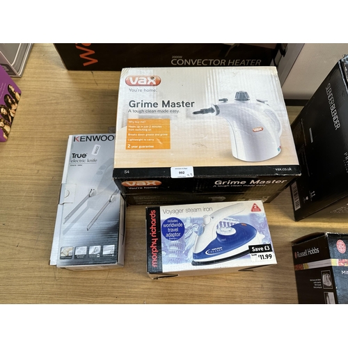 992 - Nine boxed items to include Morphy Richards stainless food steamer, Warmlite convector heater, Prima... 