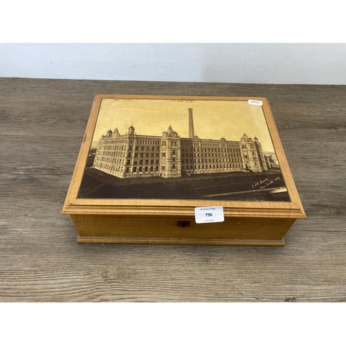 796 - A 19th century Mauchline Ware J.W.Coats New Mill sewing box - approx. 10cm high x 33cm wide x 26cm d... 