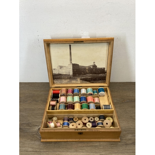 796 - A 19th century Mauchline Ware J.W.Coats New Mill sewing box - approx. 10cm high x 33cm wide x 26cm d... 