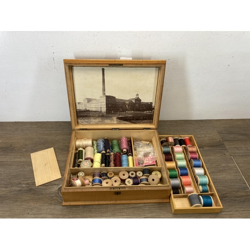 796 - A 19th century Mauchline Ware J.W.Coats New Mill sewing box - approx. 10cm high x 33cm wide x 26cm d... 