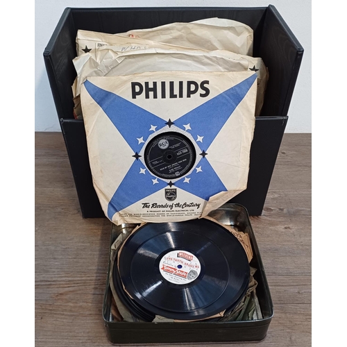 968 - A record case containing shellac records to include Elvis Presley, Bill Haley and his Comets, Lonnie... 