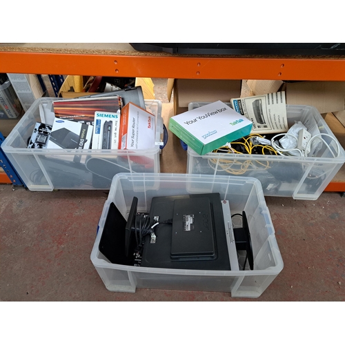 942 - Three boxes containing a large quantity of technology related items to include Acer LCD monitor, HP ... 