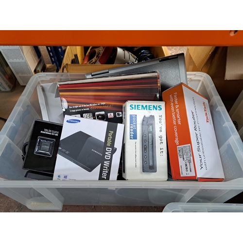 942 - Three boxes containing a large quantity of technology related items to include Acer LCD monitor, HP ... 