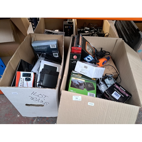 946 - Two boxes containing a large collection of technology related items to include Owl wireless energy m... 