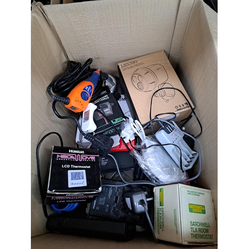 946 - Two boxes containing a large collection of technology related items to include Owl wireless energy m... 