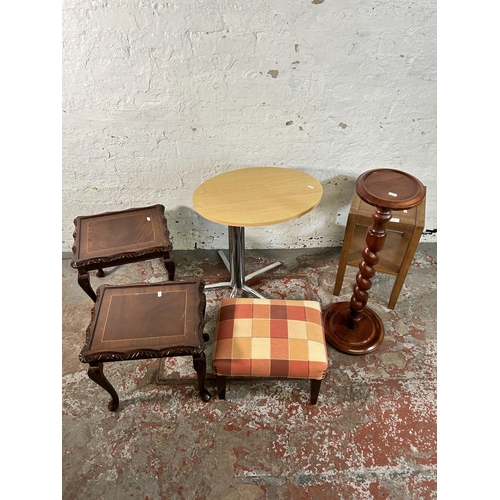 97 - Six pieces of furniture to include two mahogany side tables on cabriole supports, stained hardwood b... 