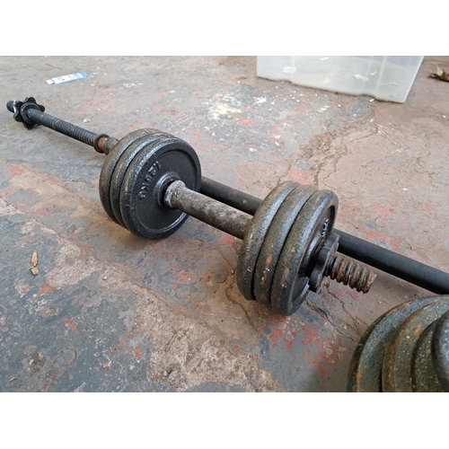 1048 - A collection of weights to include barbell, dumbbell etc.