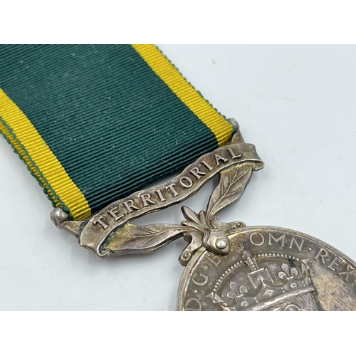 2002 - A George VI Territorial Service medal presented to 2066449 Bdr. D. A. Williams R. A.