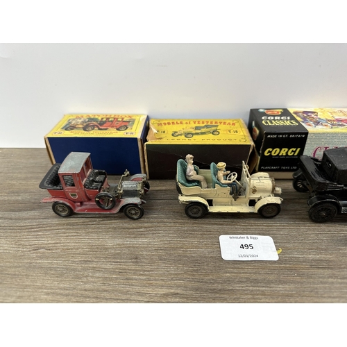 495 - Five boxed die-cast model vehicles, one Corgi Classics 9013 1915 Ford with figure and four Lesney Ma... 