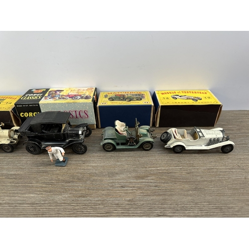 495 - Five boxed die-cast model vehicles, one Corgi Classics 9013 1915 Ford with figure and four Lesney Ma... 