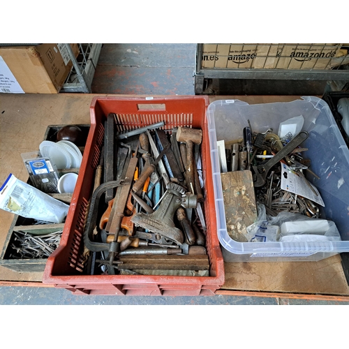 1065 - Four boxes containing a large collection of tools to include vintage Blake & Elliott cast iron bottl... 