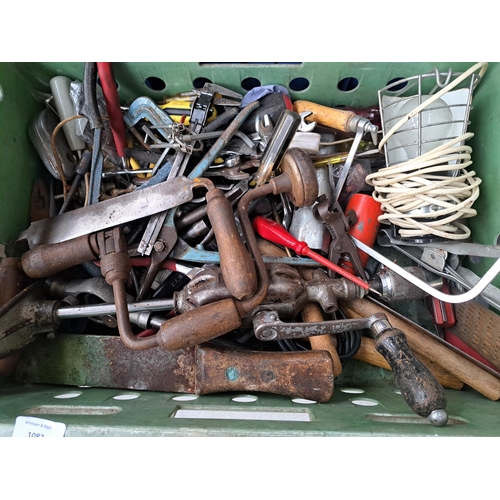 1083 - Two boxes containing a large collection of tools to include pipe wrenches, vintage hand drills, span... 