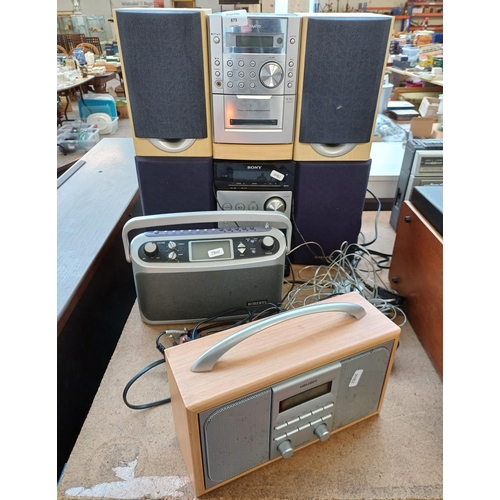 873 - Four items, one Sanyo DC-DA280 mini stereo system, one Sony HCD-FX300i mini stereo system with Sharp... 