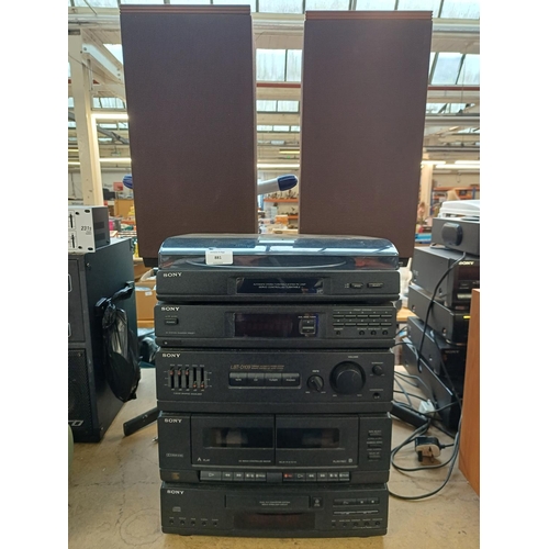 881 - Two items, one pair of Mordaunt-Short Festival 3 hi-fi speakers with fitted stands and one Sony LBT-... 