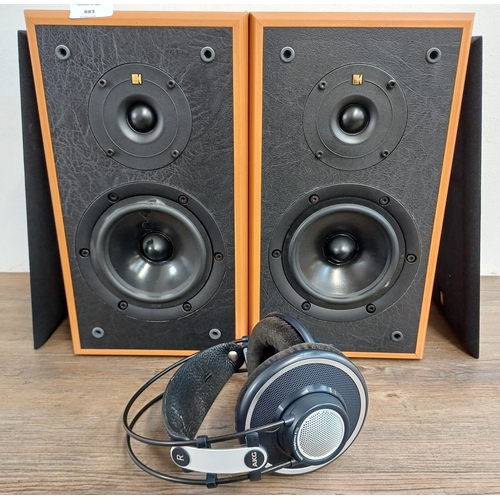 883 - Two items, one pair of KEF Cresta 8Ω two-way bookshelf hi-fi speakers and one pair of AKG K702 open ... 