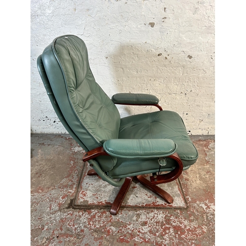 119 - A Stressless style green leather and bentwood swivel armchair