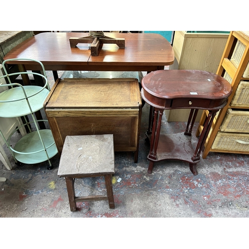 151 - Six pieces of house clearance furniture to include oak drop leaf two tier side table, mahogany kidne... 