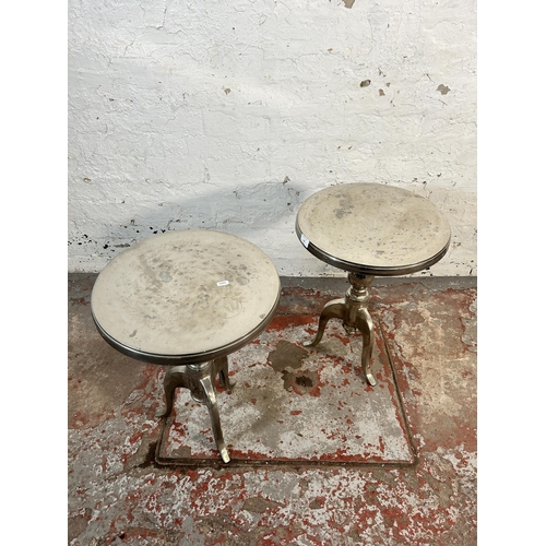 159 - A pair of modern aluminium circular tripod side tables - approx. 56cm high x 40cm diameter