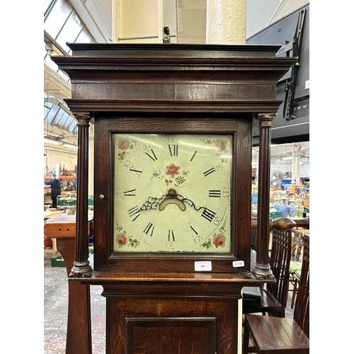 196 - A George III oak and mahogany crossbanded Grandfather clock with hand painted enamel face, pendulum ... 