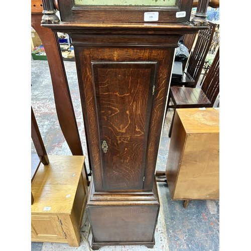 196 - A George III oak and mahogany crossbanded Grandfather clock with hand painted enamel face, pendulum ... 