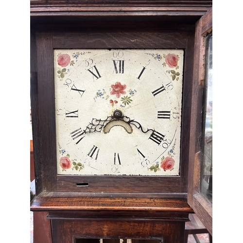 196 - A George III oak and mahogany crossbanded Grandfather clock with hand painted enamel face, pendulum ... 