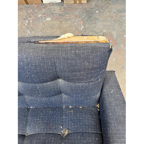 209 - A mid 20th century blue fabric upholstered three seater sofa - approx. 80cm high x 207cm wide x 81cm... 