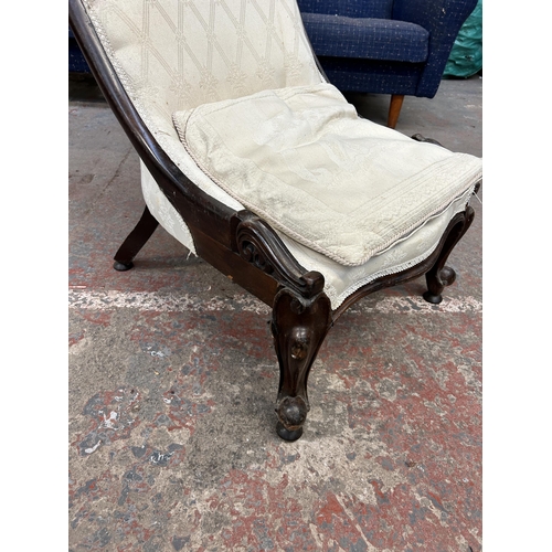 210 - A Victorian carved mahogany and fabric upholstered slipper nursing chair - approx. 84cm high x 56cm ... 