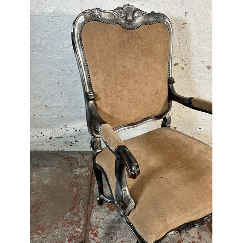 212 - A French Louis XVI style silver painted and fabric upholstered open armchair - approx. 113cm high x ... 