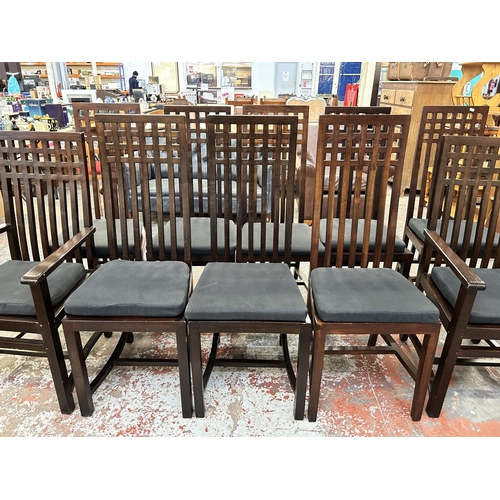 221 - Ten sheesham wood high back dining chairs with black fabric upholstered seat pads