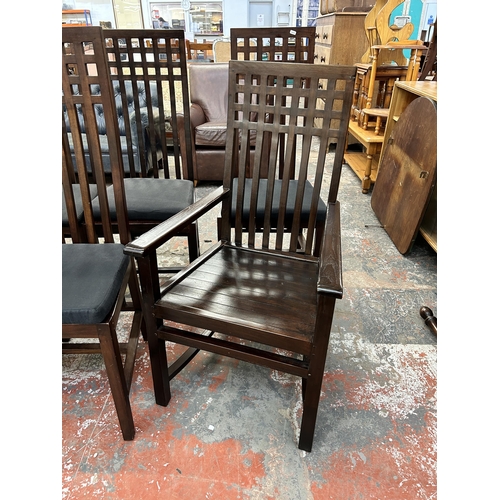 221 - Ten sheesham wood high back dining chairs with black fabric upholstered seat pads