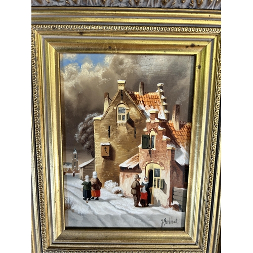 225 - A 20th century gilt framed Dutch Jan Beekhout oil on board of a 19th century church and town scene -... 