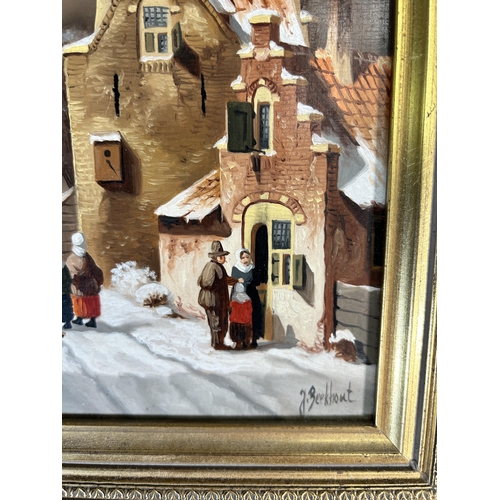 225 - A 20th century gilt framed Dutch Jan Beekhout oil on board of a 19th century church and town scene -... 