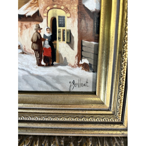 225 - A 20th century gilt framed Dutch Jan Beekhout oil on board of a 19th century church and town scene -... 