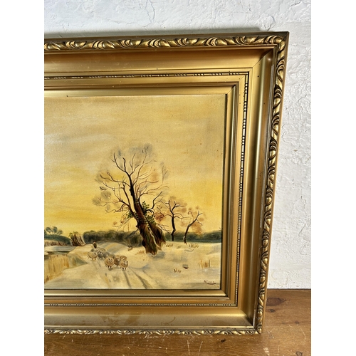 230 - An early 20th century gilt framed oil on canvas of a winter farming scene signed A.P. and dated 1923... 