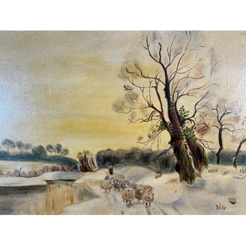 230 - An early 20th century gilt framed oil on canvas of a winter farming scene signed A.P. and dated 1923... 