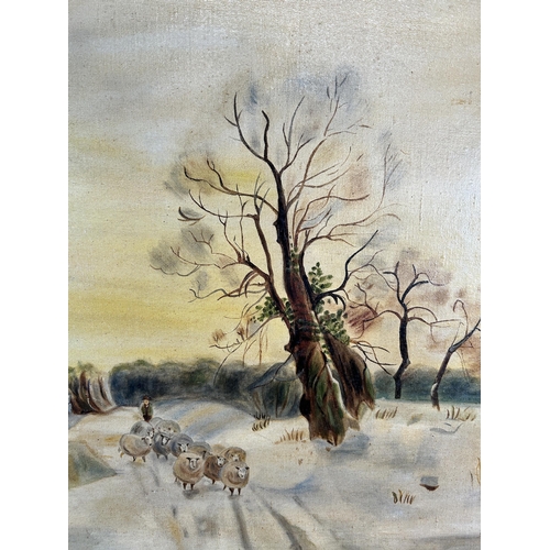 230 - An early 20th century gilt framed oil on canvas of a winter farming scene signed A.P. and dated 1923... 