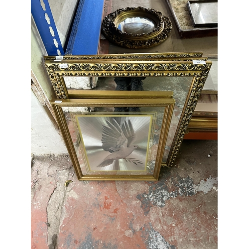 236 - Four items, two gilt framed Chinese silk embroideries, one gilt framed mirror and one foil dove pict... 