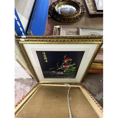 236 - Four items, two gilt framed Chinese silk embroideries, one gilt framed mirror and one foil dove pict... 