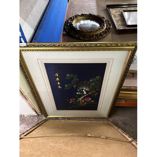 236 - Four items, two gilt framed Chinese silk embroideries, one gilt framed mirror and one foil dove pict... 