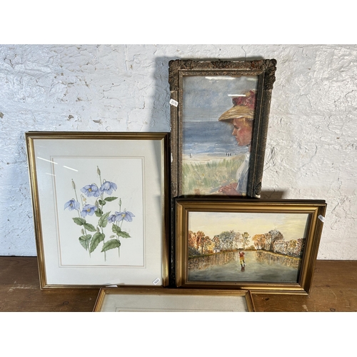 242 - Four framed pictures, two botanical watercolours, one oil on board of a woodland scene and one early... 